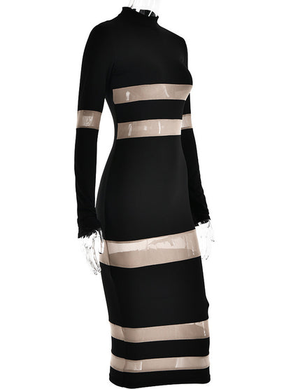 Mesh Patchwork Dress Long Sleeves See Through Party Bodycon Dresses