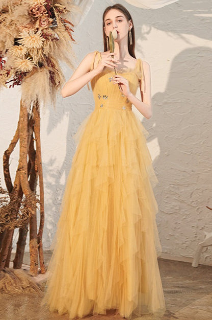 Sweetheart Ruched Bow Strap Tiered Tulle A-Line Maxi Gown