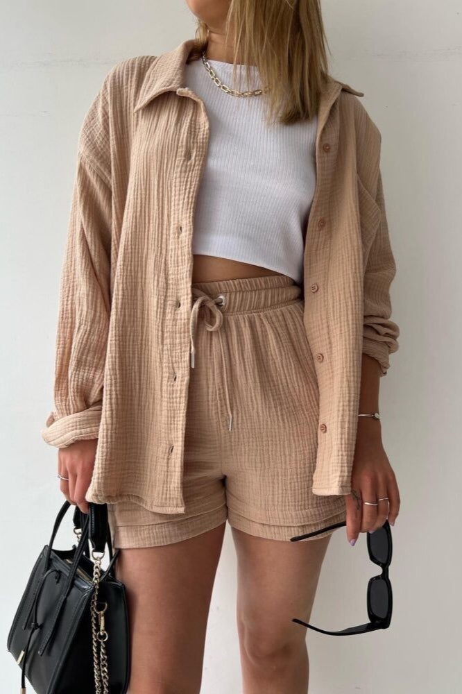 Textured Lapel Long Sleeve Top High Waist Shorts Set