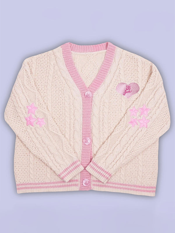 Contrast Trim Star Embroidery V Neck Cardigan
