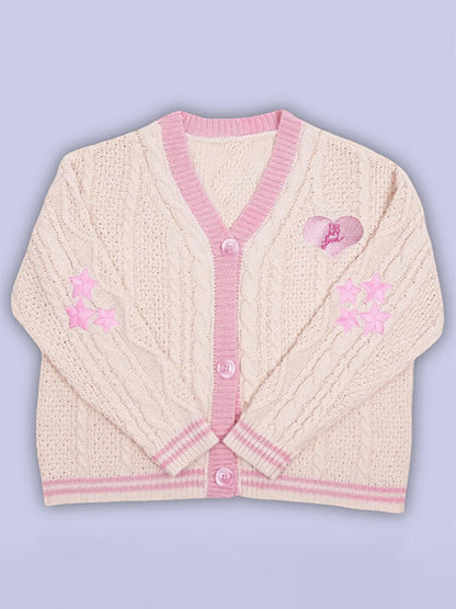 Contrast Trim Star Embroidery V Neck Cardigan