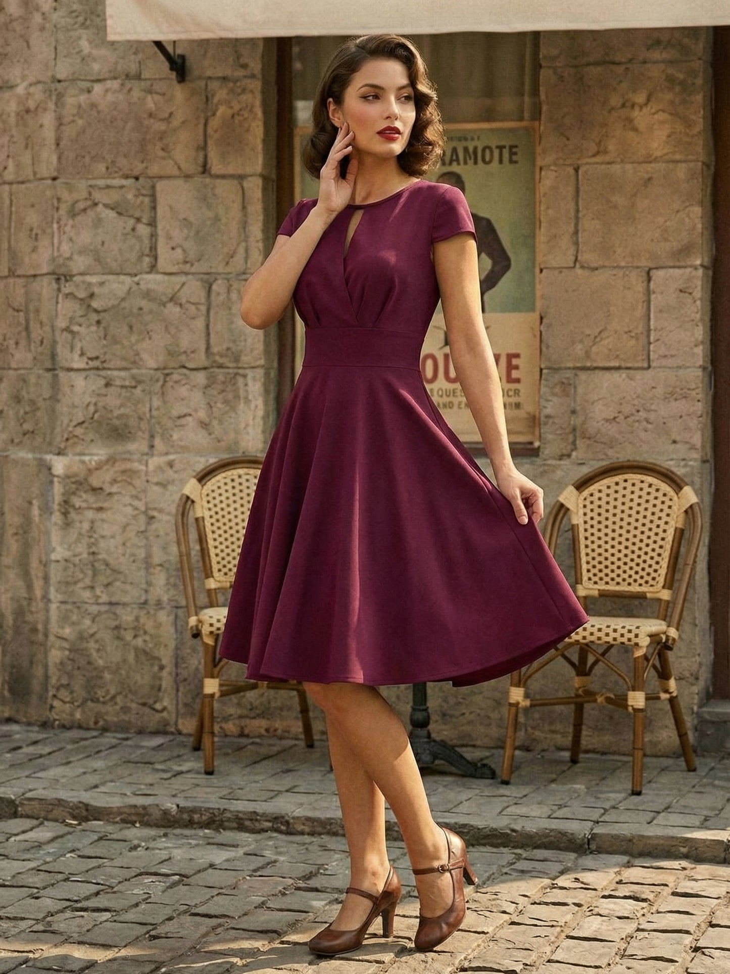 Vintage Glamour Dress 1950s Style Jewel Neck Cut Out Short Sleeves Medium Swing Dress