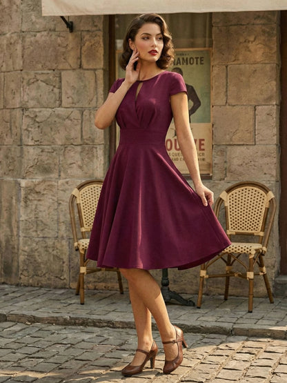 Vintage Glamour Dress 1950s Style Jewel Neck Cut Out Short Sleeves Medium Swing Dress