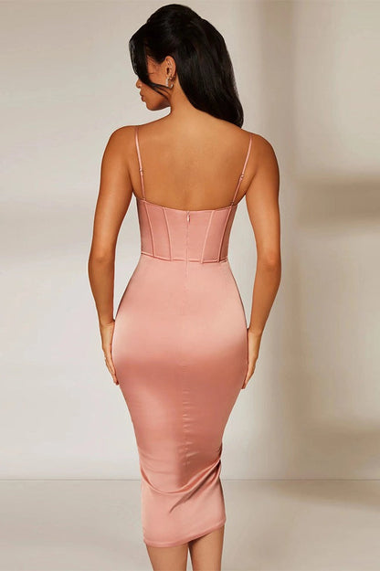 Corset Bodice Spaghetti Strap Satin Draped Front Tulip Hem Midi Dress
