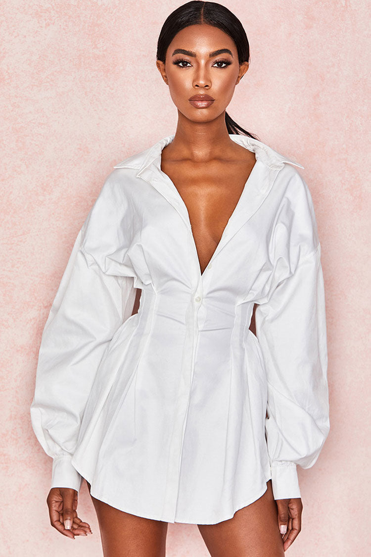 Balloon Sleeve Plunging Collar Corset Waist Button Front Mini Shirt Dress