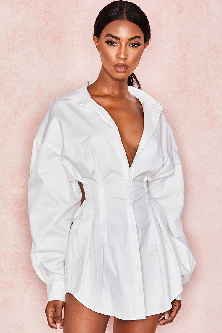 Balloon Sleeve Plunging Collar Corset Waist Button Front Mini Shirt Dress