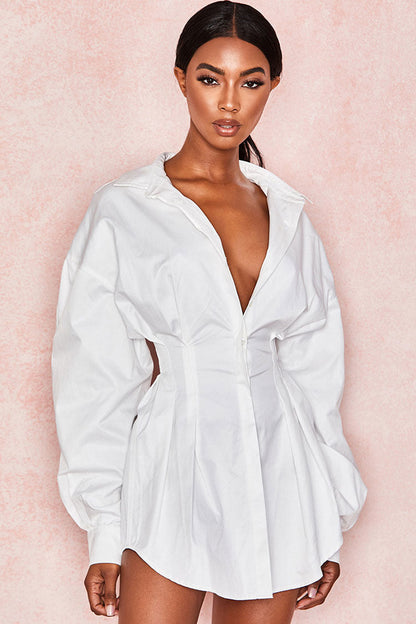 Balloon Sleeve Plunging Collar Corset Waist Button Front Mini Shirt Dress