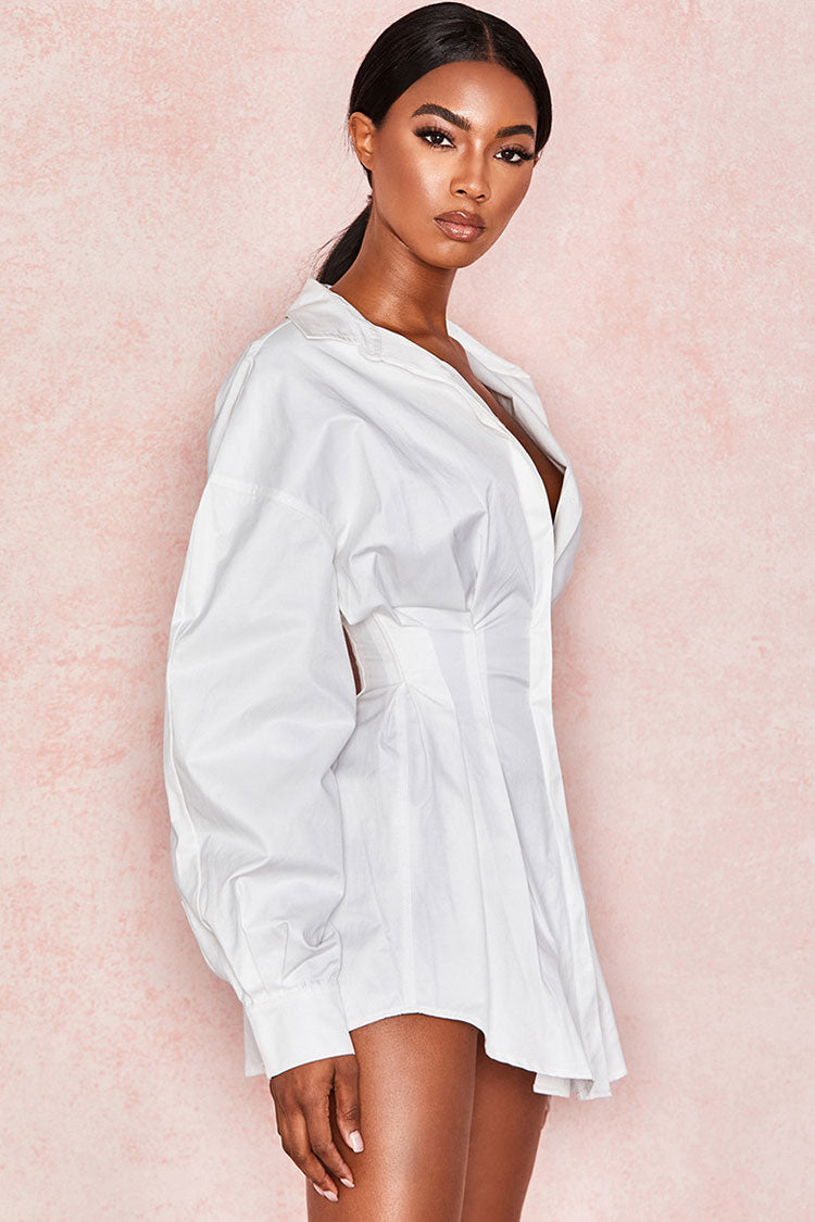Balloon Sleeve Plunging Collar Corset Waist Button Front Mini Shirt Dress
