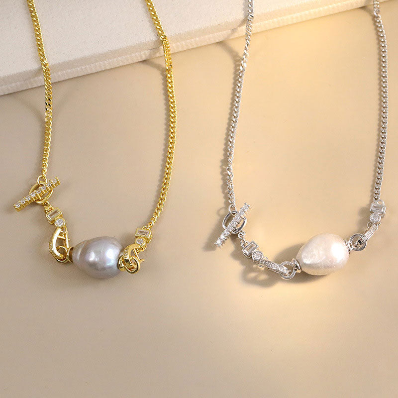 Baroque Pearl and Cubic Zirconia Cuban Link Necklace