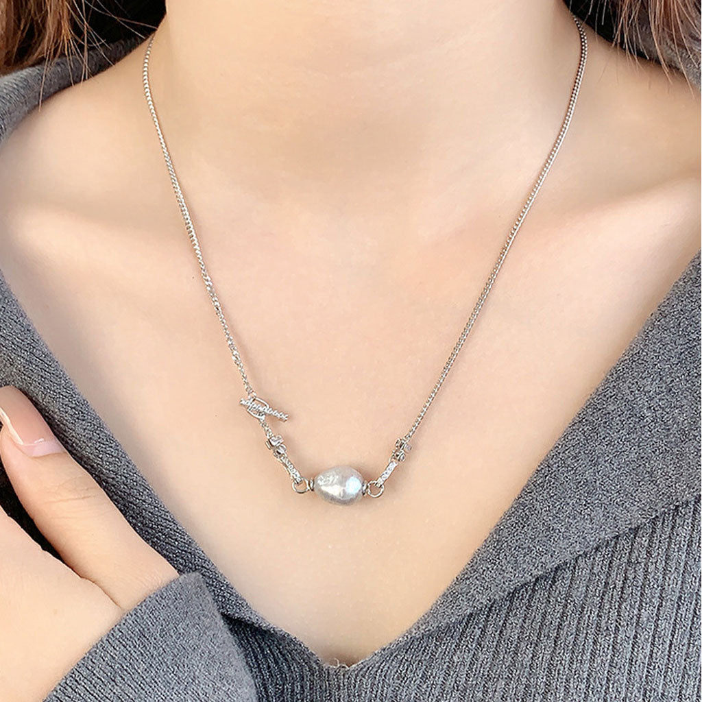 Baroque Pearl and Cubic Zirconia Cuban Link Necklace
