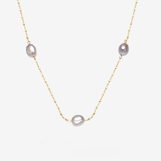 Baroque Pearl Silver Satellite Chain Bolo Slider Necklace