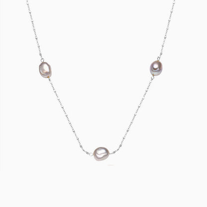 Baroque Pearl Silver Satellite Chain Bolo Slider Necklace