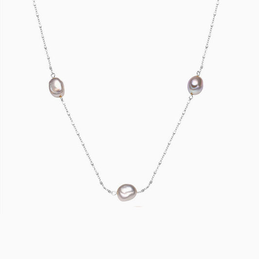 Baroque Pearl Silver Satellite Chain Bolo Slider Necklace