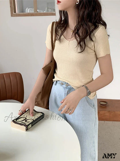 Basic V-neck Solid Thin Summer Ribbed Slim Short Sleeve Sweater