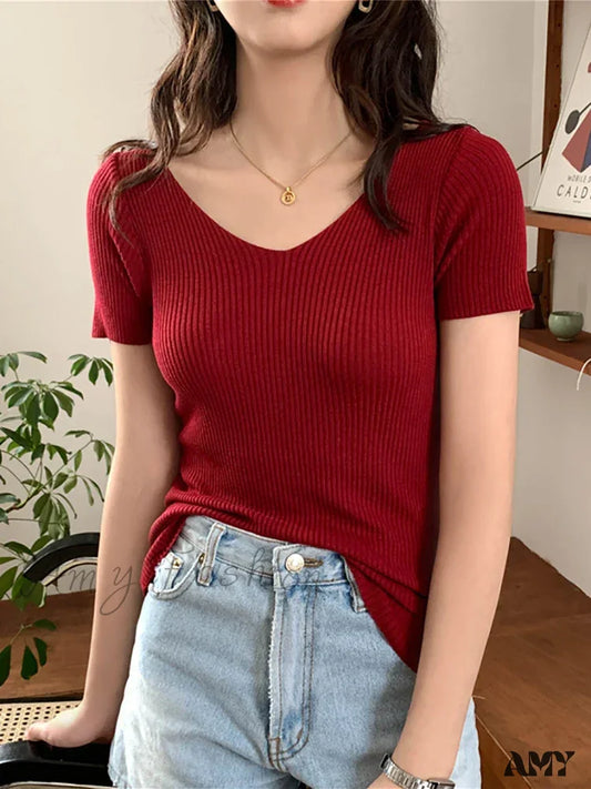 Basic V-neck Solid Thin Summer Ribbed Slim Short Sleeve Sweater