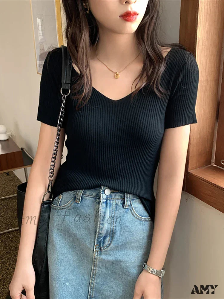 Basic V-neck Solid Thin Summer Ribbed Slim Short Sleeve Sweater