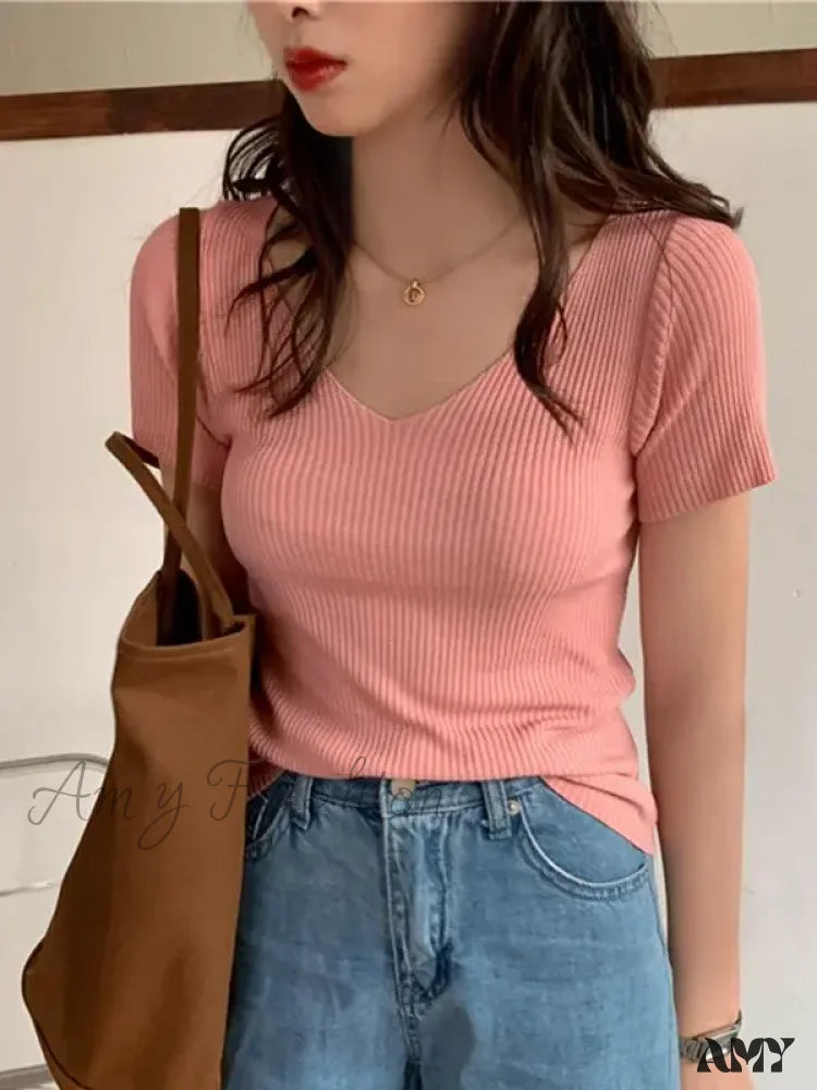 Basic V-neck Solid Thin Summer Ribbed Slim Short Sleeve Sweater