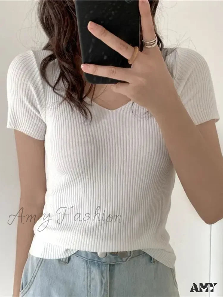 Basic V-neck Solid Thin Summer Ribbed Slim Short Sleeve Sweater