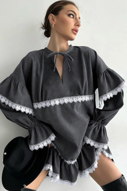 Tie Neck Keyhole V Neck Lace Trim Tiered Ruffle Sleeve Babydoll Mini Dress