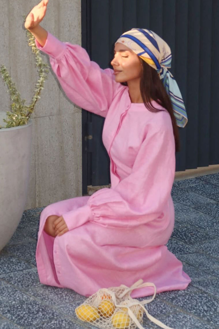 Mandarin Collar Button Front Puff Sleeve High Waist A-Line Linen Maxi Dress