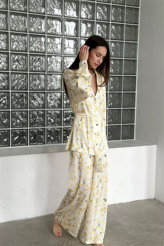 Floral Long Sleeve Cardigan Pants Loungewear Two Piece Set
