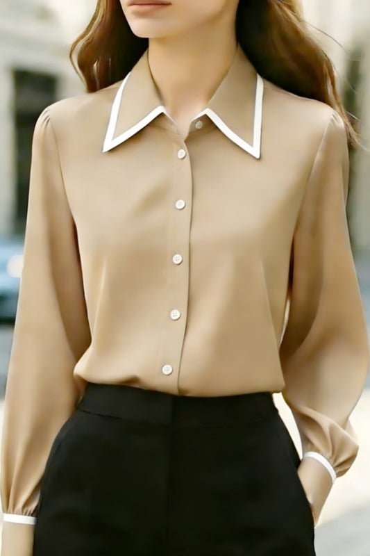Stylish Color-blocked Collared Long-sleeved Casual Button-down Shirt