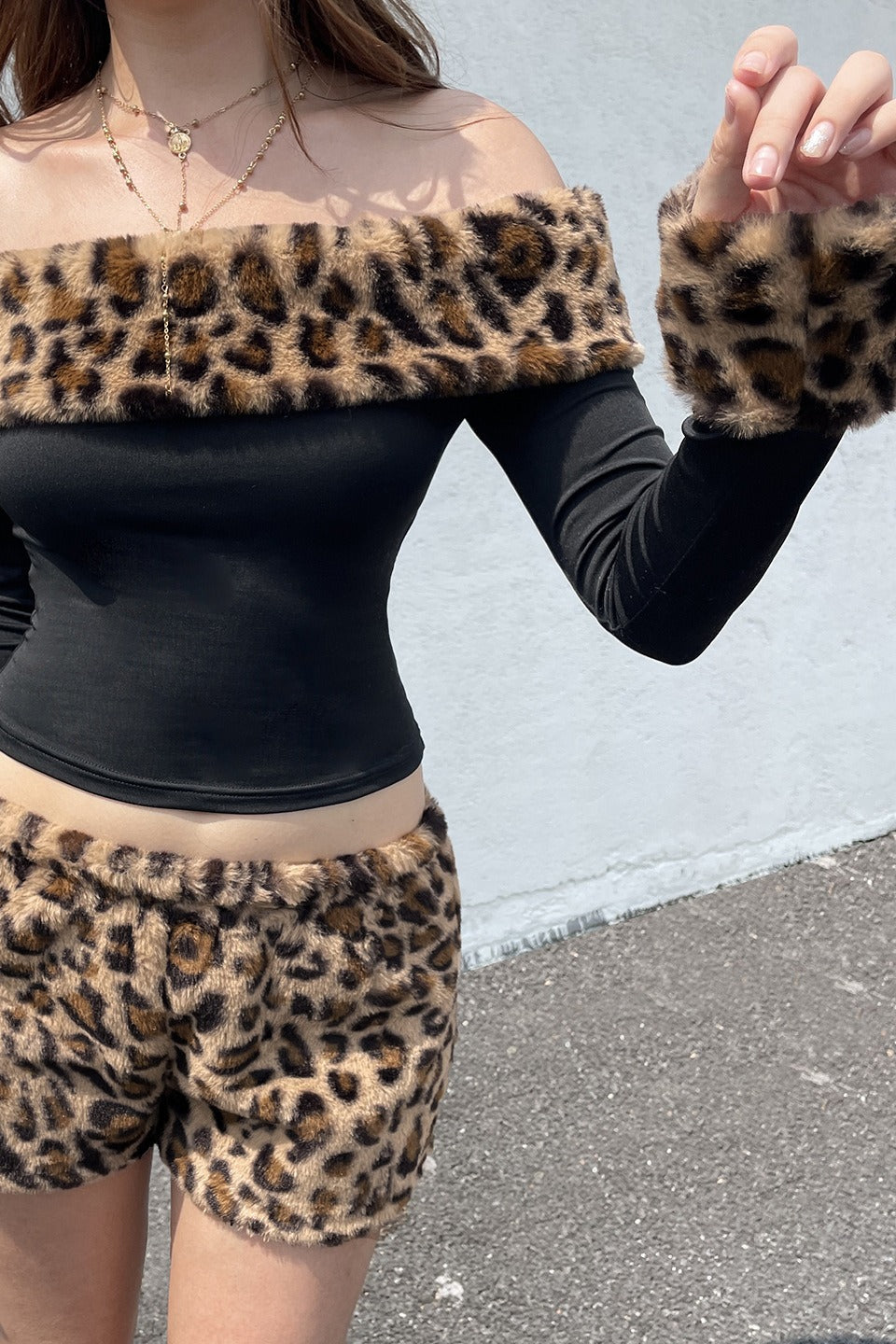| Fleece Off-the-shoulder Two Piece Set in Leopard Print