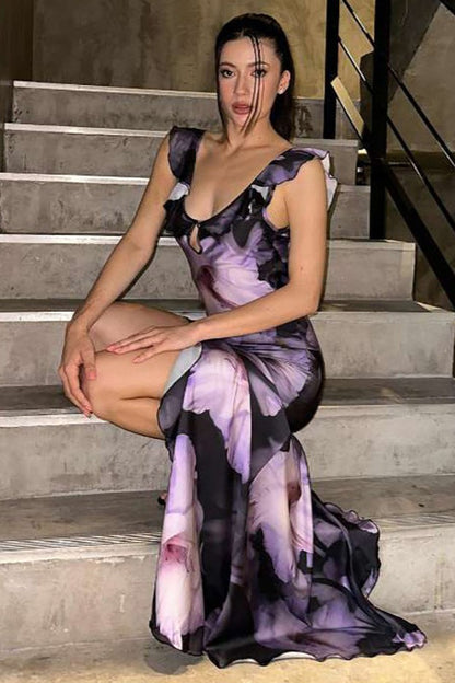 Scoop Neck Ruffle Strap Keyhole Abstract Floral High Slit Maxi Dress