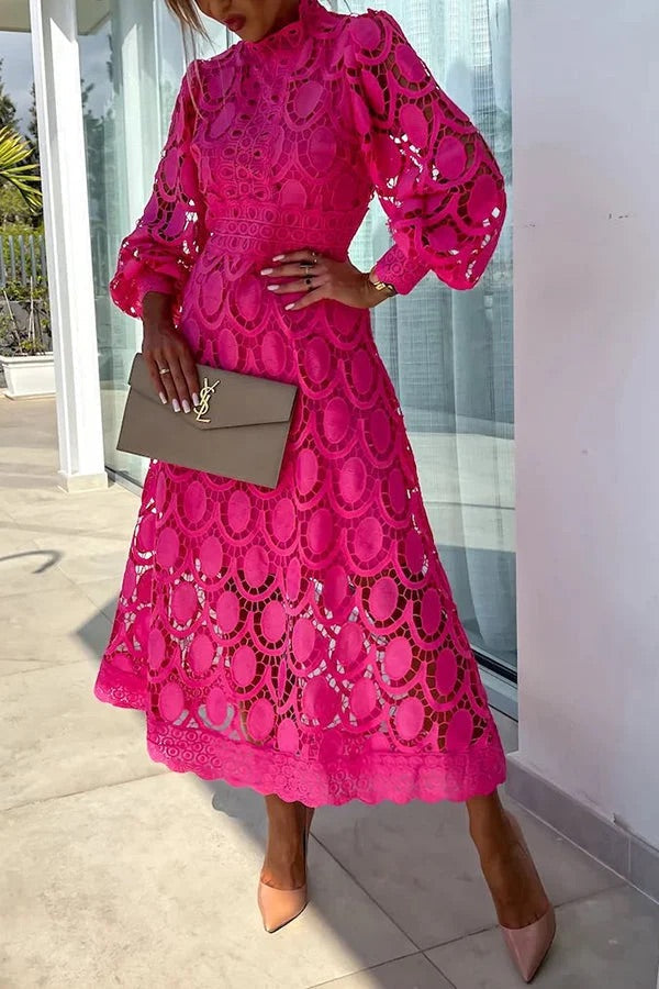 Guipure Lace Mock Neck Lantern Sleeve Scalloped Hem Hollow Out Midi Dress