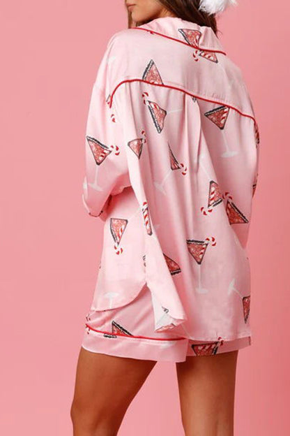 New Year's Eve Fun Ornament Printed Elastic Waist Pocket Pajama Shorts Set