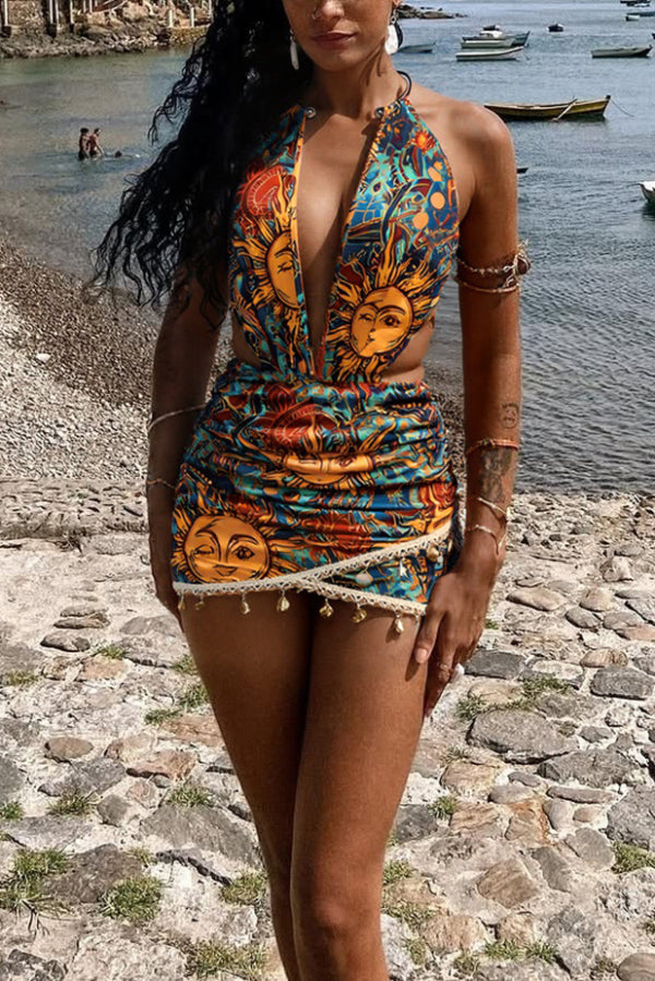 Unique Print Halter Neck Backless Tie Fitted Mini Dress