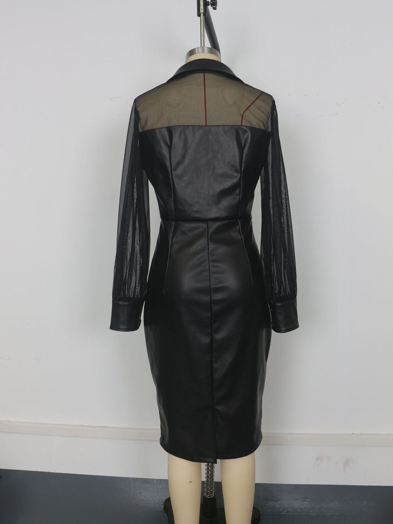 Mesh Patchwork V-Neck Faux Leather Slim Fit Puff Sleeve Midi Dress In Black For Women 2026