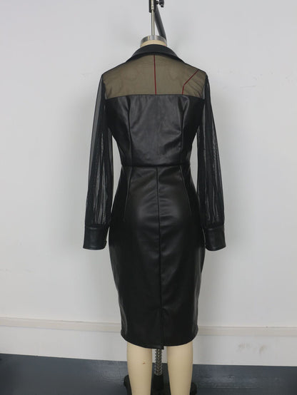 Mesh Patchwork V-Neck Faux Leather Slim Fit Puff Sleeve Midi Dress In Black For Women 2026