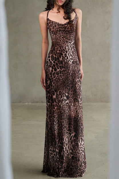 Leopard Print Backless Spaghetti Strap Party Dress