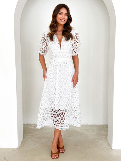 Lace Dress V-neck Puff Sleeve A-line Midi Dress For Women 2026