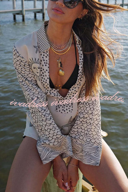 Live By Water Satin Unique Print Tassle Shirt and Elastic Waist Shorts Set