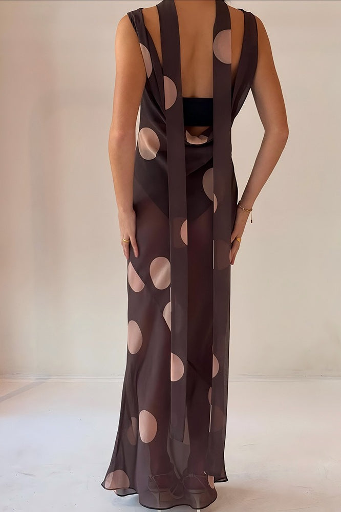 Polka Dot Sheer Mesh Boat Neck Scarf Detail Column Maxi Dress