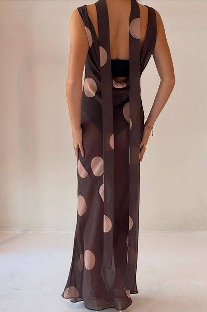 Polka Dot Sheer Mesh Boat Neck Scarf Detail Column Maxi Dress