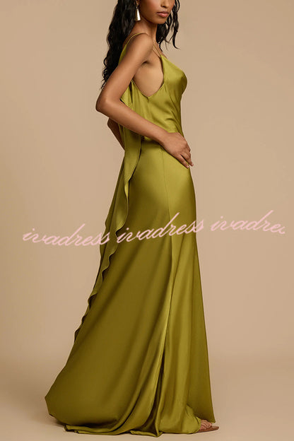 Evening Date Satin Cowl Neck Drape Ruffle Backless Bias Cut Party Maxi Dress