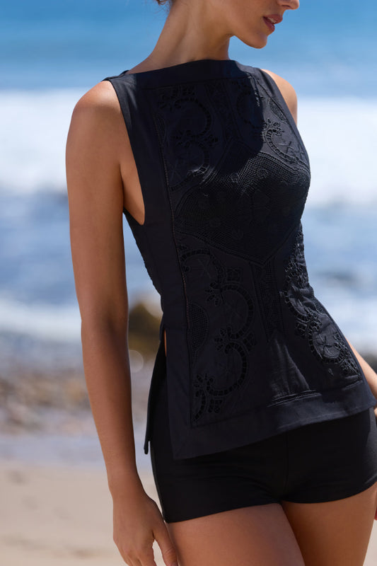 Exquisite and Beautiful Cutout Lace Embroidery Design Boat Neck Sleeveless Slit Top