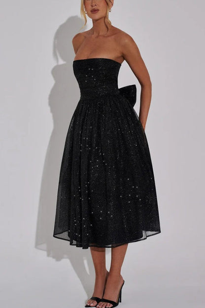 Glitter Mesh Strapless Ruched Fit-and-Flare Pocket Midi Dress