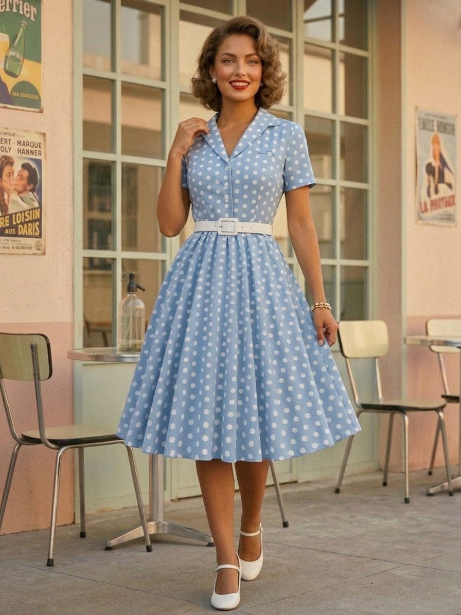Retro Glamour Dress 1950s Style Turndown Collar Buttons Short Sleeves Polka Dot Swing Dress