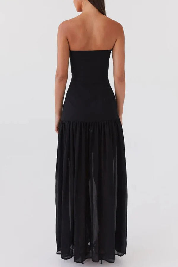 Strapless Bandeau Drop-Waist Gathered Chiffon High-Slit Maxi Gown