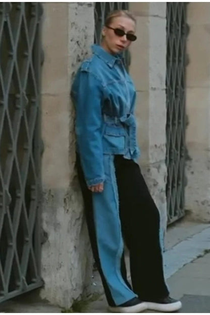 Belted Patchwork Denim Jacket