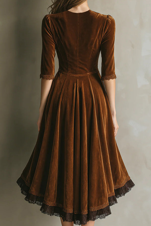 Fashionable Velvet and Lace Patchwork V-neck Button Midi Dress