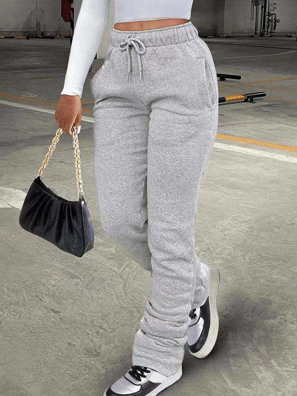 Solid Drawstring Stacked Pants