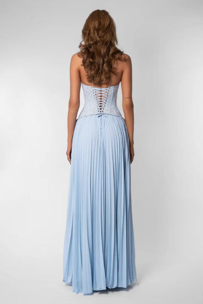 Lace Halter Plunging Sweetheart Accordion Pleat Chiffon Maxi Gown