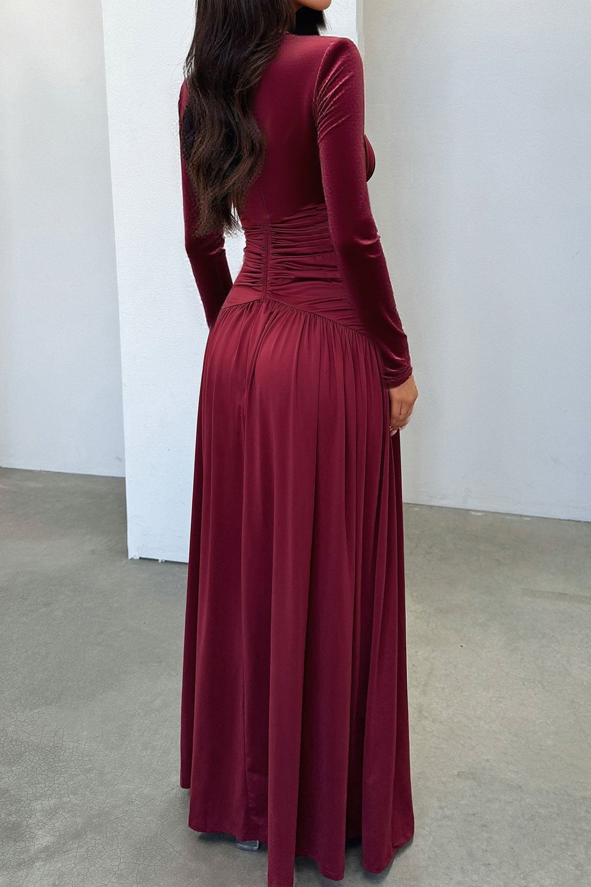 | Deep V Ruched Long Sleeve Slit Fitted Waist Maxi Dress
