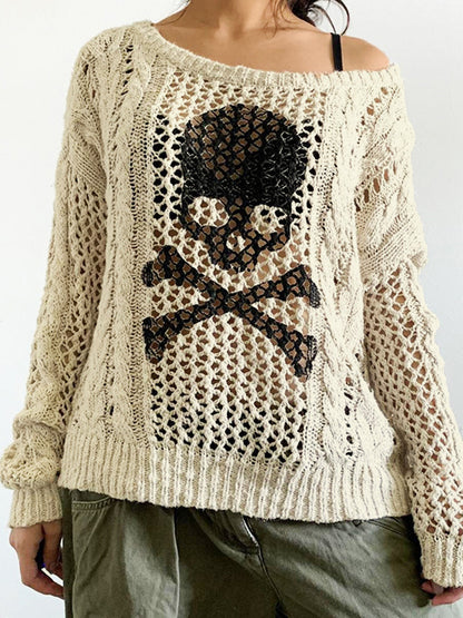 Cutout Skull Print Twist Design Knit Loose Sweater