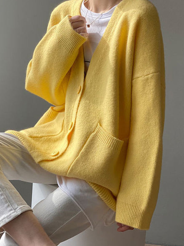 Solid V Neck Breasted Knit Cardigan